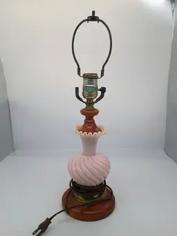Vintage Fenton Pink Milk Glass Boudoir 18" Table Lamp with Wood and Brass Works
