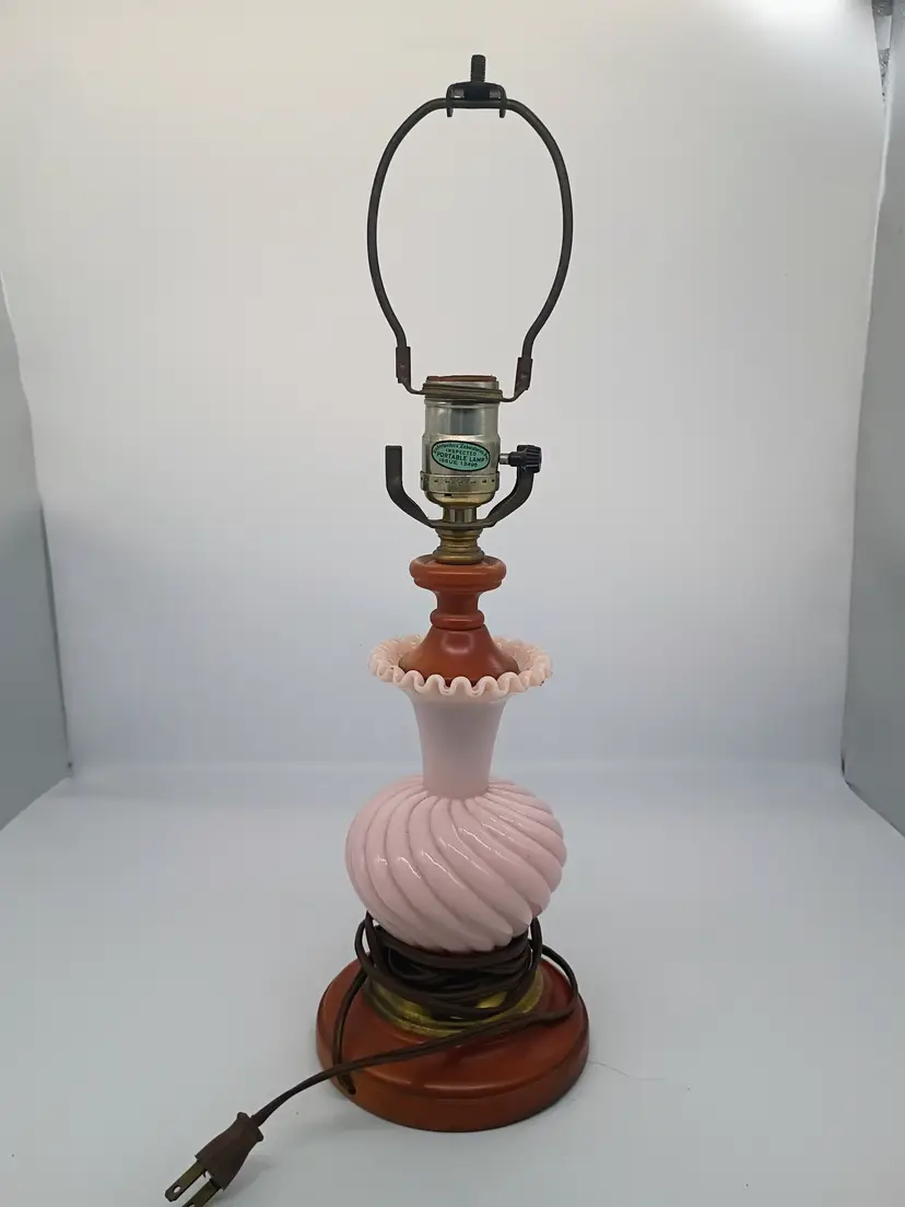 Vintage Fenton Pink Milk Glass Boudoir 18" Table Lamp with Wood and Brass Works