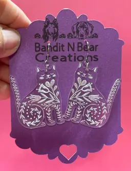 Acrylic Laser Cut and Engraved Cat Kitty Dangle Earrings
