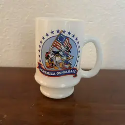 #Disney Glass Vintage America Parade Milk Glass Coffee Mug Mickey Donald Duck Goofy