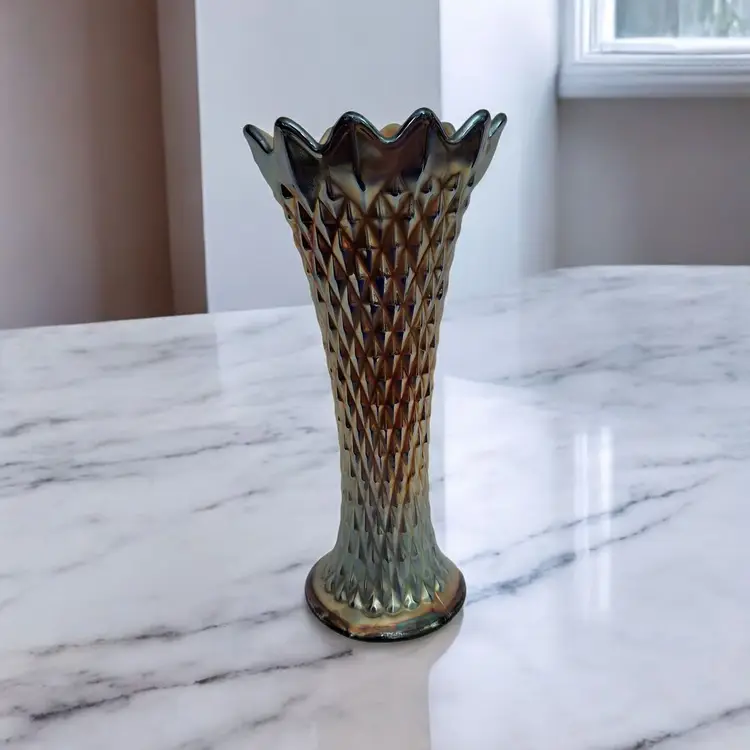 Northwood Amethyst Carnival Glass Vase • Diamond Point Pattern • Iridescent Purple Flared Vase • Marked N in Circle • Antique 1910s Art Glass