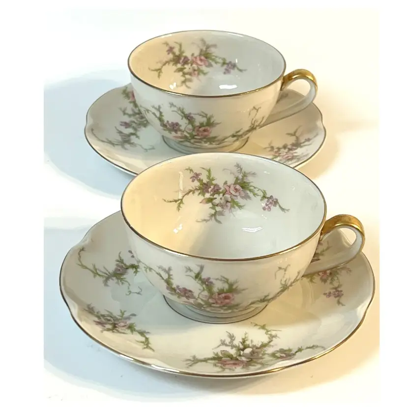 Set of 2 Theodore Haviland New York Rosalinde Tea Cups & Saucers Floral Pattern Gold Trim