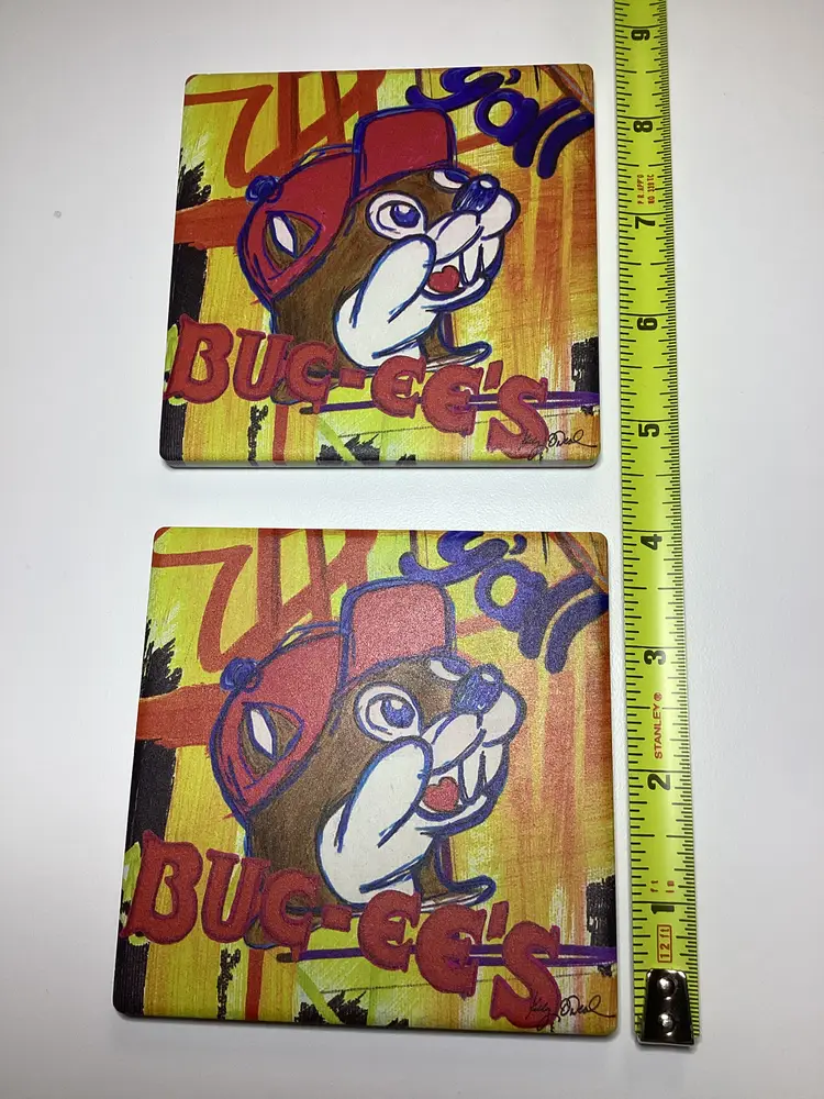 Set of 2 Buc-ee’s Ceramic Drink Coasters with Cork Backing