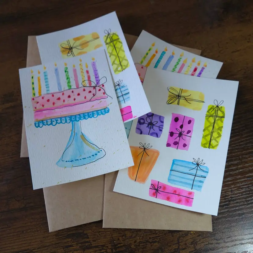 Handpainted Watercolor Birthday Card Set Of Four