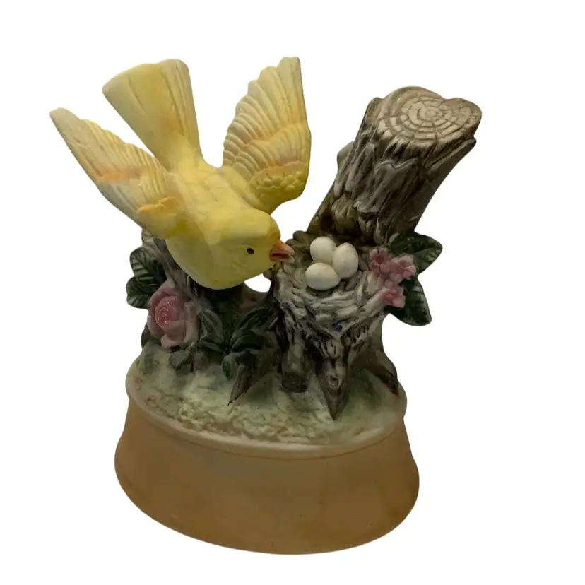 #01 - 5” By 5” Tall  Vintage Shafford Japan  Yellow Canary Bird Music  Box Bird Figurine On Branch