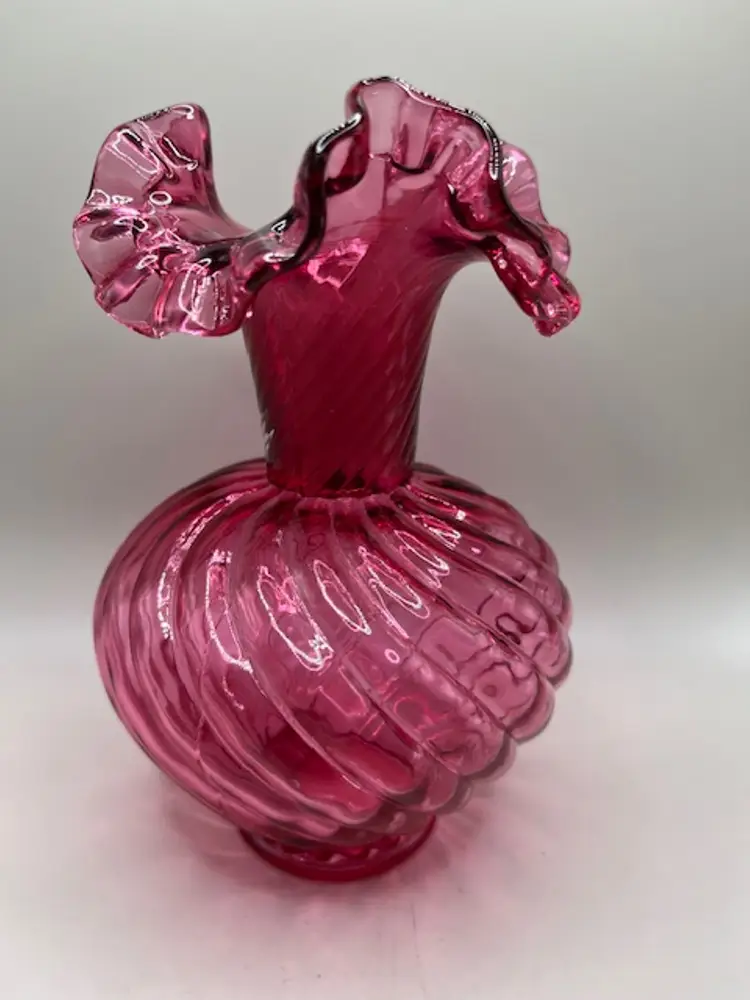 #03 Fenton Cranberry Spiral Ruffled Top, Optic Swirl Vase