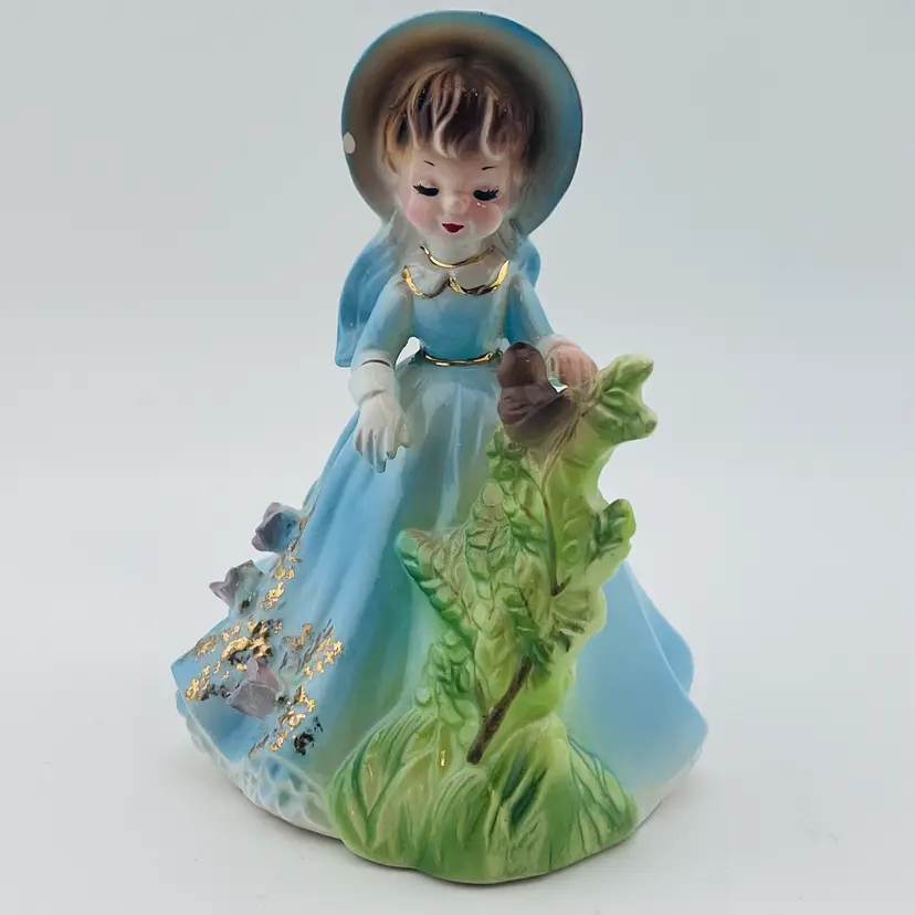 Htf Josef Originals Colonial Days “Making Friends” Blue Dress Girl With Bird 4.5” READ