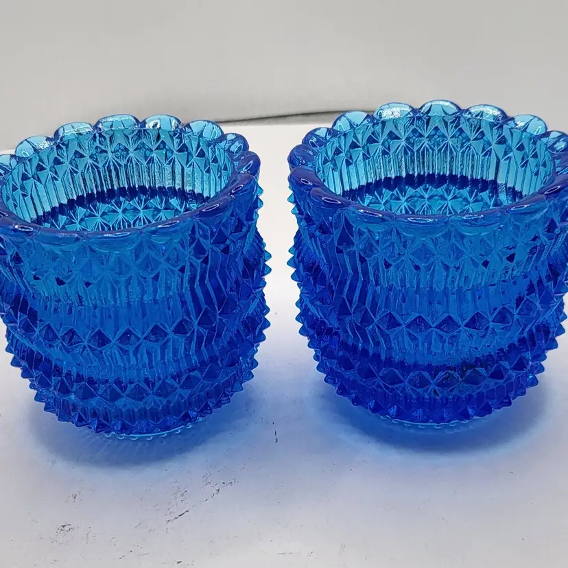 Pair of Vintage Blue Diamond Cut Glass Faroy votive candle/toothpick holder 2.5"
