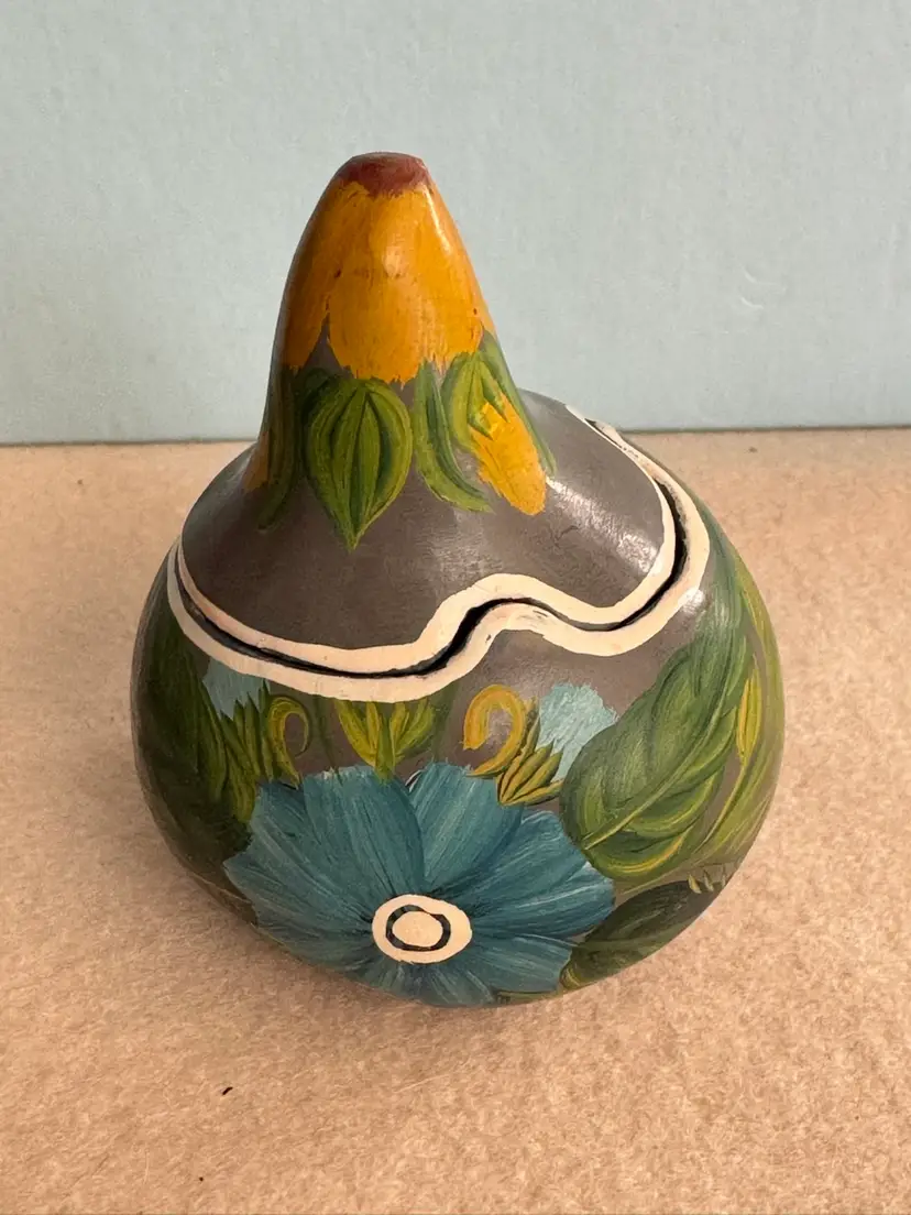 Hand-painted pear-shaped gourd novelty box with floral designs