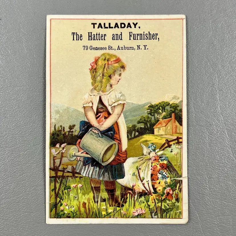Victorian Trade Card Girl Flower Gardener Watering Can St Auburn NY Talladay 3x4.75"