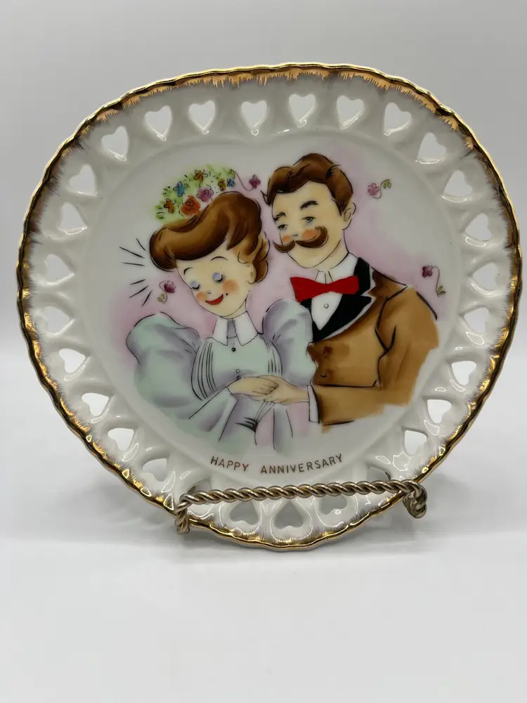 Vintage Norcrest Japan Happy Anniversary Plate Heart Shaped W/ Heart Border
