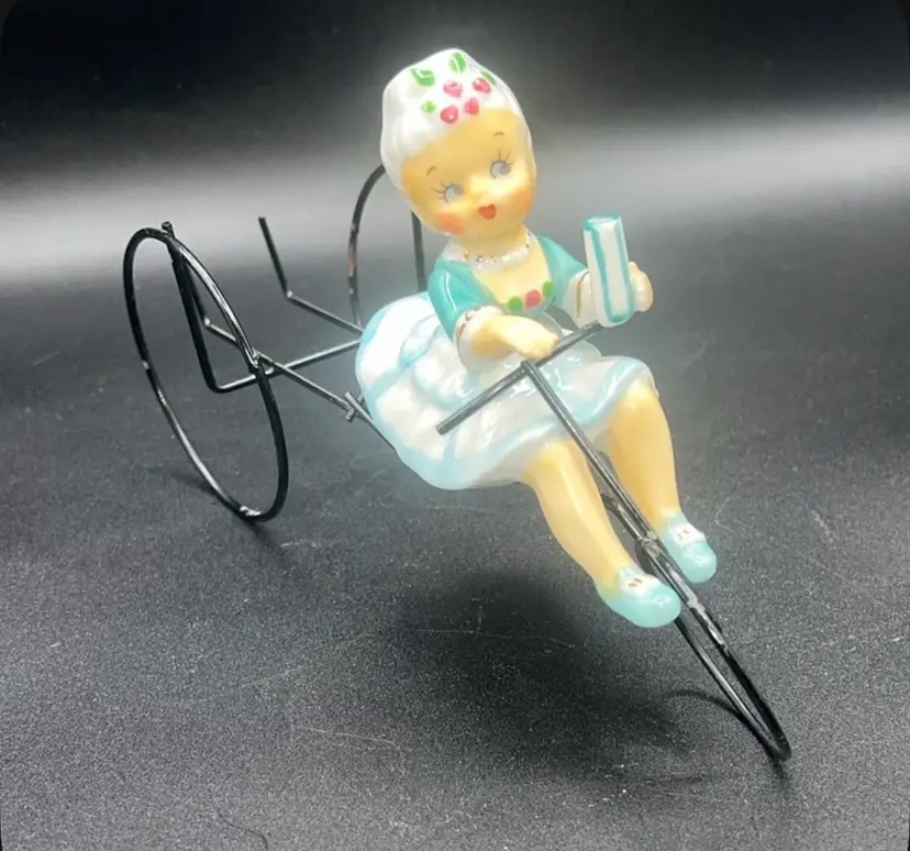 Vintage LEFTON Ceramic Hand-painted Girl Riding Trike Bike