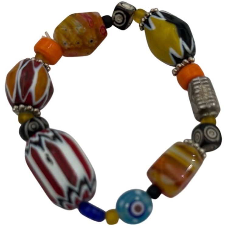 Glass Bead Bracelet Two Millefiori Beads One Chevron One Inch Bead Fits A 7in Wrist Very Colorful.