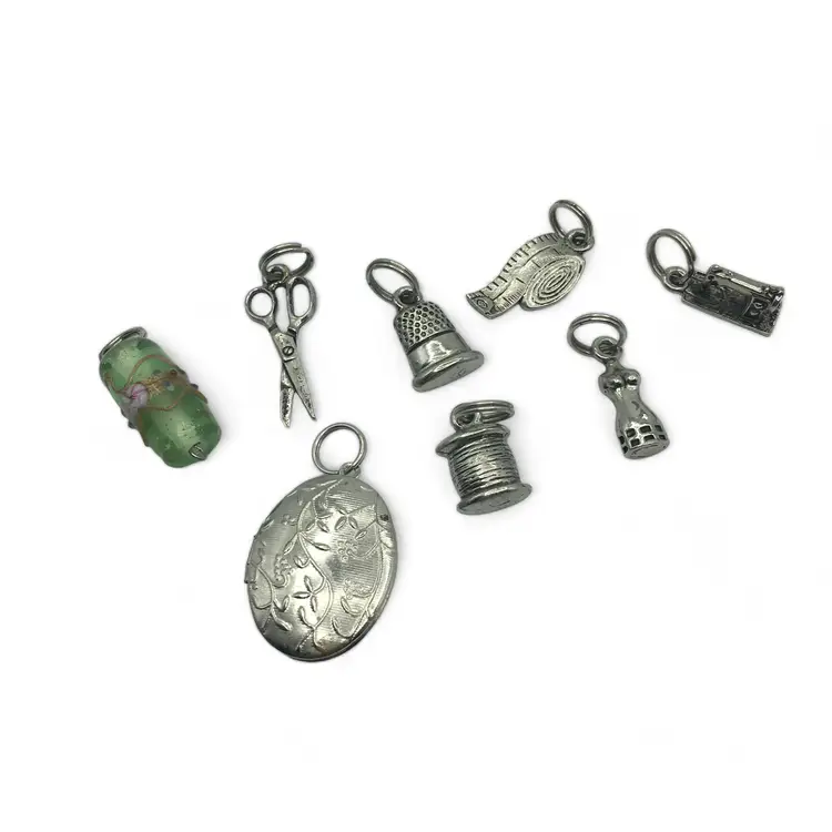 Vintage Sewing-Themed Silver-Tone Charms & Locket Set With Green Glass Bead