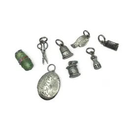 Vintage Sewing-Themed Silver-Tone Charms & Locket Set With Green Glass Bead