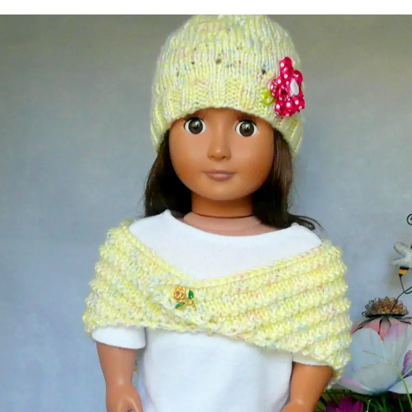 Handmade Knit 18" Doll Yellow Shawl Wrap and Beanie Hat Red Ribbon Bow Accent Vintage Flower Pin