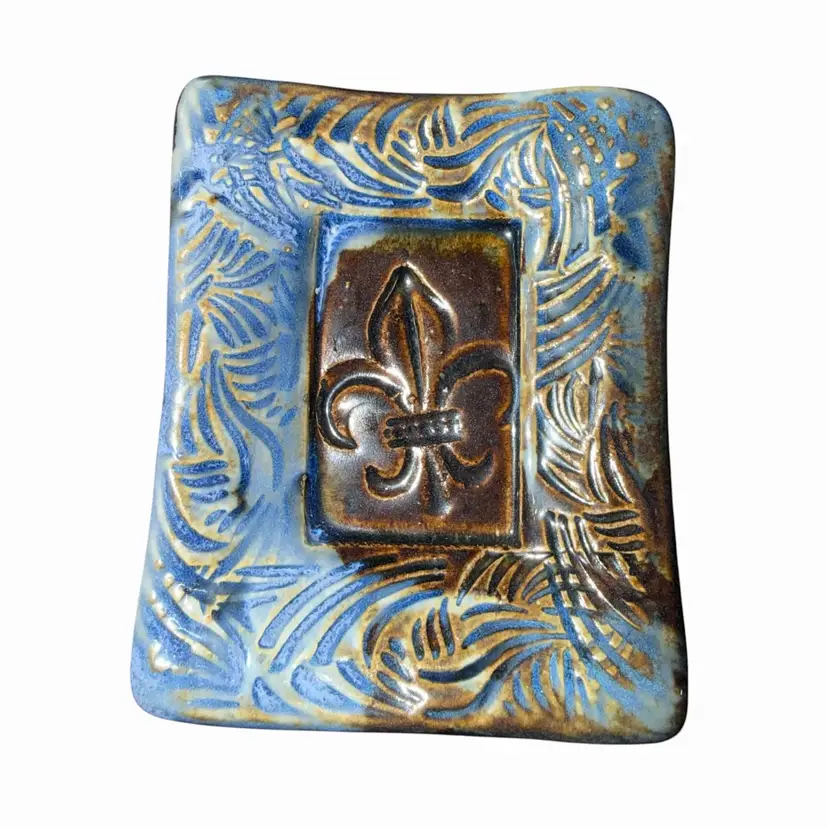 Kent Follette Studio Pottery Fleur De Lis Trinket Dish Blue Brown Art Pottery