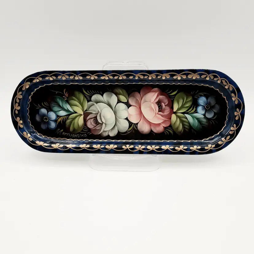 Handpainted Signed Metal Floral Trinket Tray
