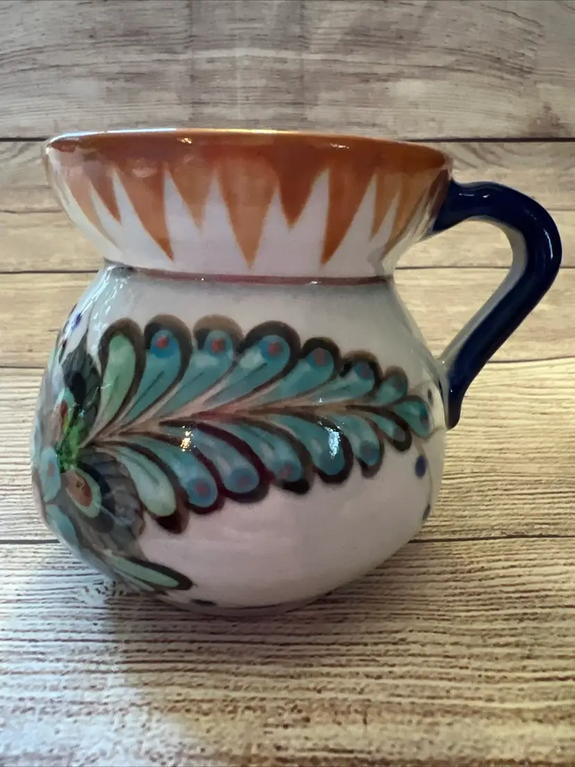 Palopo Guatemala Stoneware Mug Hand Painted signed Hummingbird Flowers Blue Gray