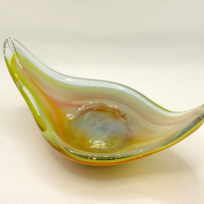 Vintage Yellow, Orange, Clear Glass Swirls Handcrafted Glass Canoe Trinket Dish