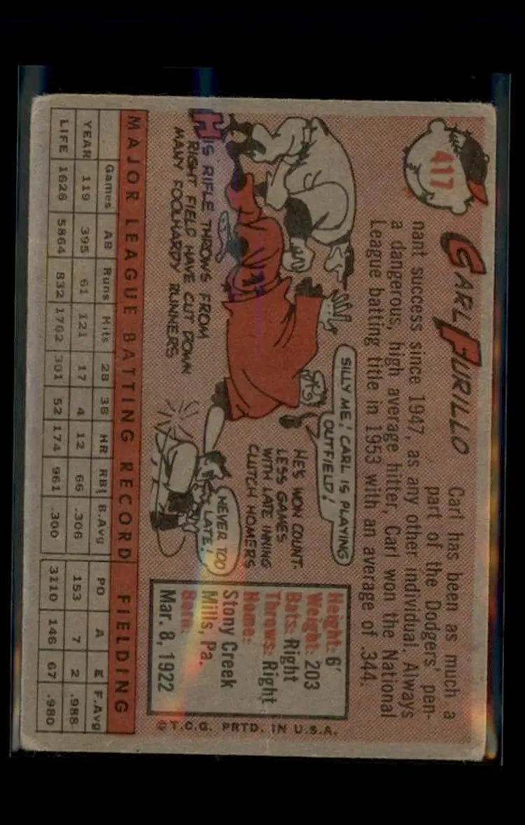 1958 Topps #417 Carl Furillo - (pk4) - Los Angeles Dodgers