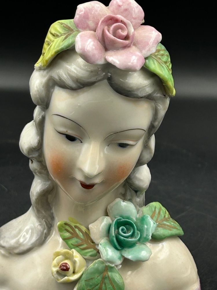 Vintage OccupiedJapan, Lady Bust Wearing Pink Flower And Dress with gold trim figurine