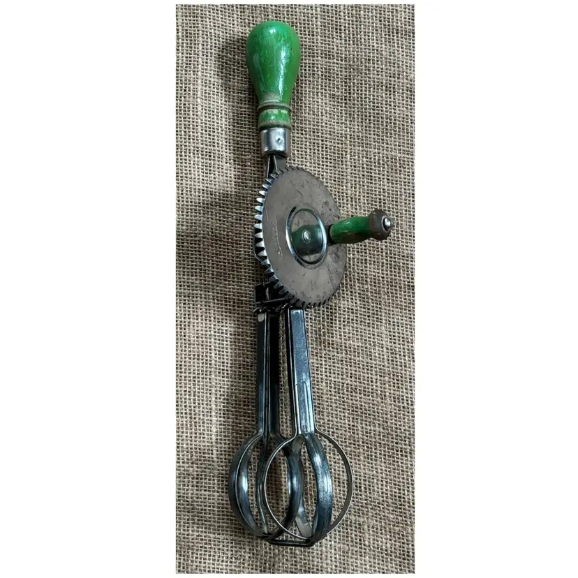 Vintage Androck Hand Crank Beater w Green Wood Handle Primitive Rustic Prairie