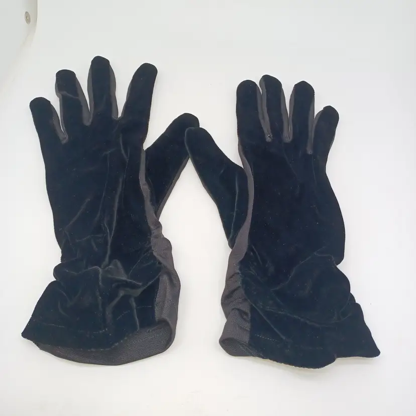 Vintage Fownes Make Silk Velor Ruched Black Gloves Size 7 1940s