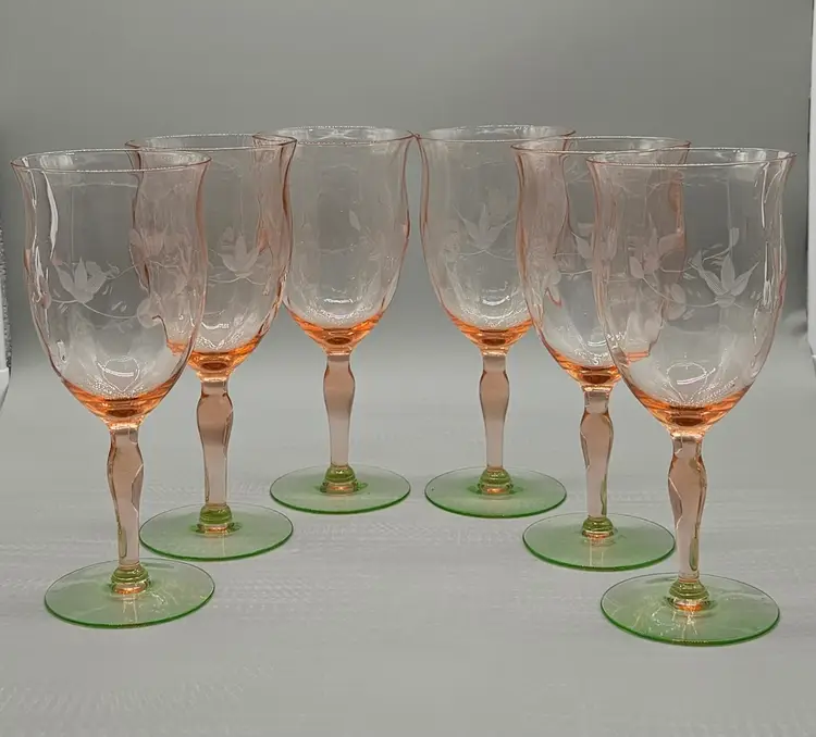 Vintage Weston Watermelon Uranium Glass Stemmed Goblets with Etched Flowers Set of 6