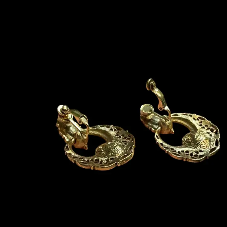 Mid Century Goldtone Filigree Doorknockers? Black Onyx And Clear GL Crystal. Not Signed. Very Beautiful Clip On Earrings!!