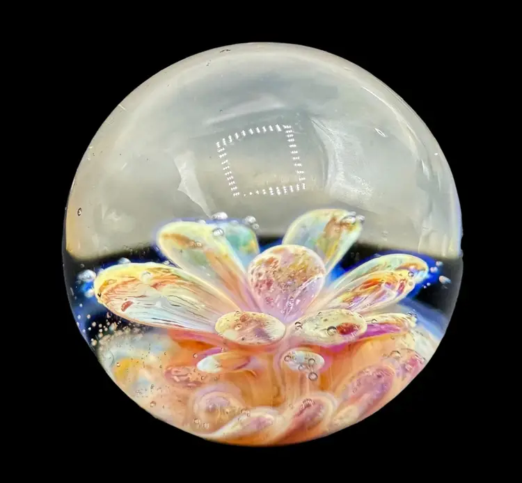 Contemporary Handmade Art Glass Marble .9" Pink Anemone Flower Implosion Boro