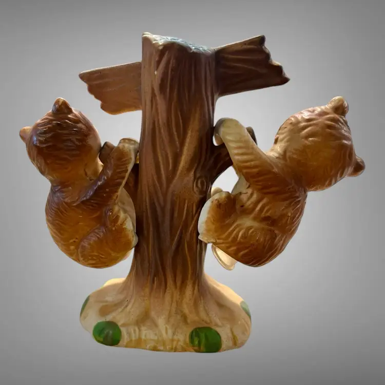 Vintage Bear Cubs Hanging on a Tree Salt & Pepper Shakers 3 Piece Set Japan