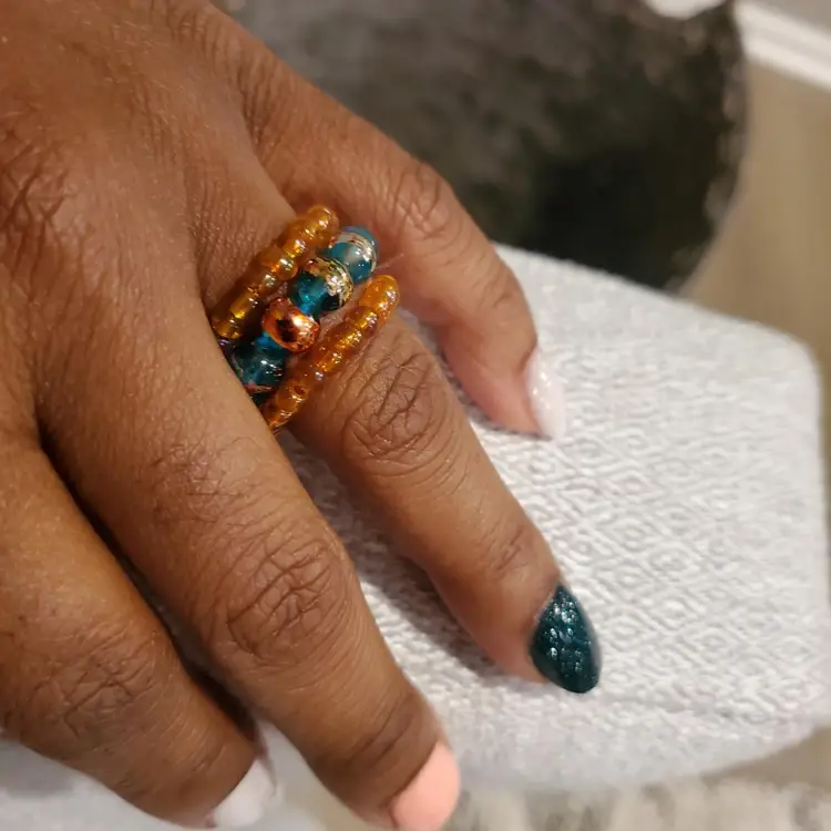 Seed Bead Flexible Ring Set Emerald Goddess