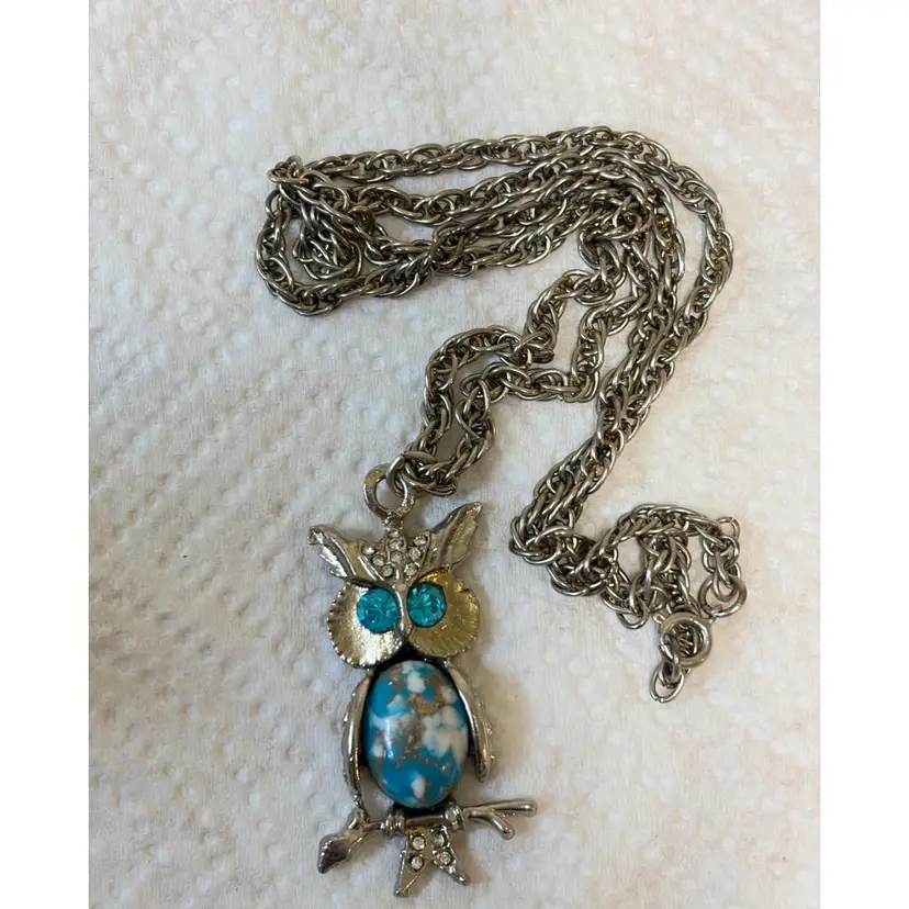 Adorable Owl Pendant Faux Stone Cabochon Turquoise Rhinestone Eyes On 24” Vintage Rope Style Chain
