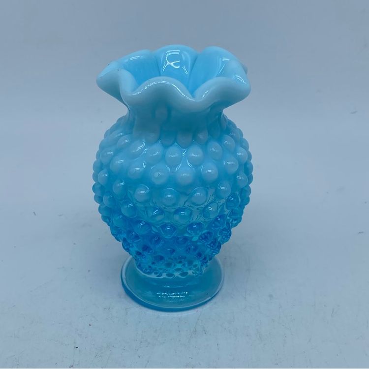 #0226 Fenton blue opalescent hobnail glass vase with a ruffled rim 4” x 2.5”