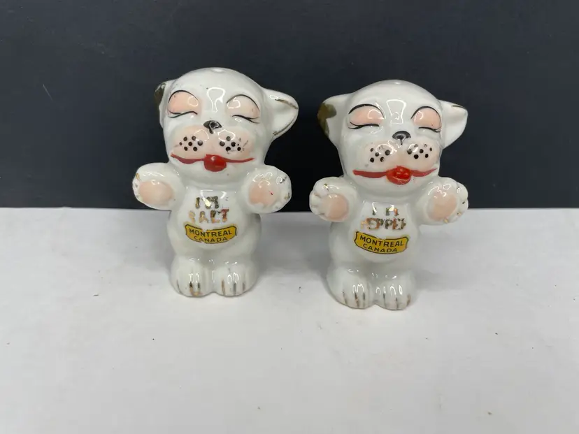 Vtg Bonzo Dog Anthropomorphic Salt & Pepper Shakers Souvenir Montreal Gold Trim