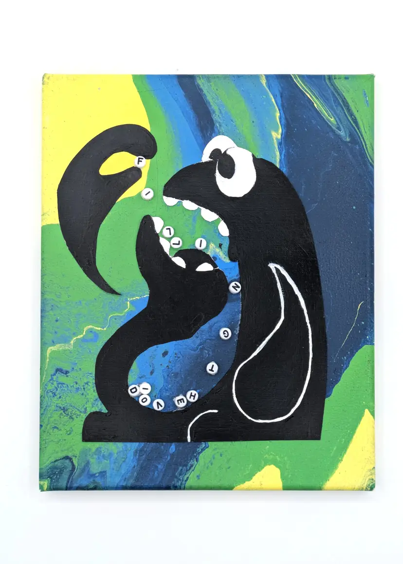 "Filling the Void" Black Blob Paint Pour Mixed Media Art on 8X10 Canvas