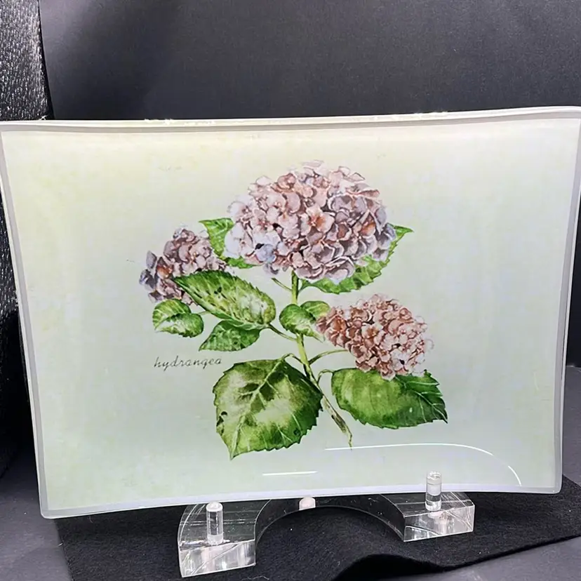 Hydrangea Trinket Dish, Age Unknown, 8.5x6”, Pink And Purple Flowers, No Chips Or Cracks