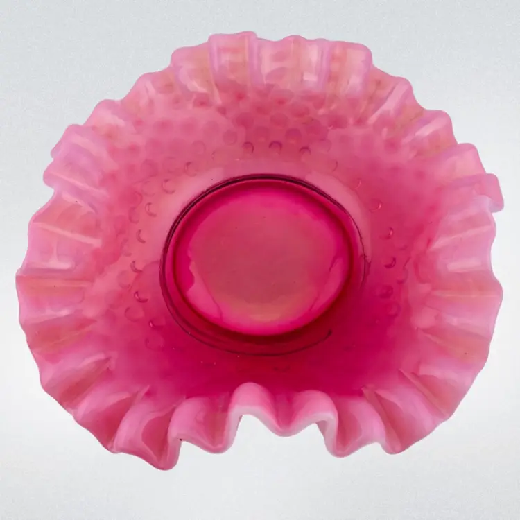 Fenton Cranberry Glass Opalescent Hobnail Ruffled Bon Bon Candy Dish