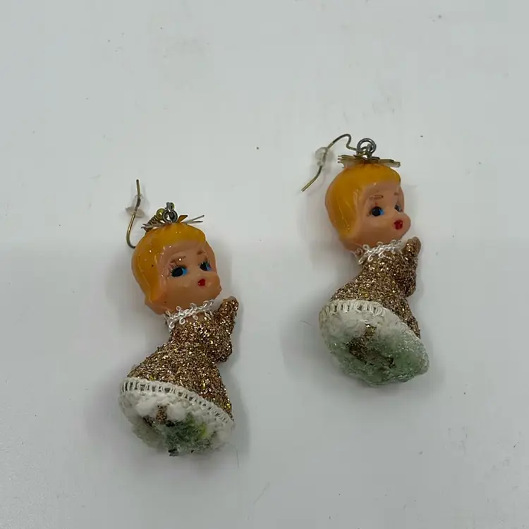 Pair Of Vintage Gold Glitter Angel Christmas Pierced Earrings