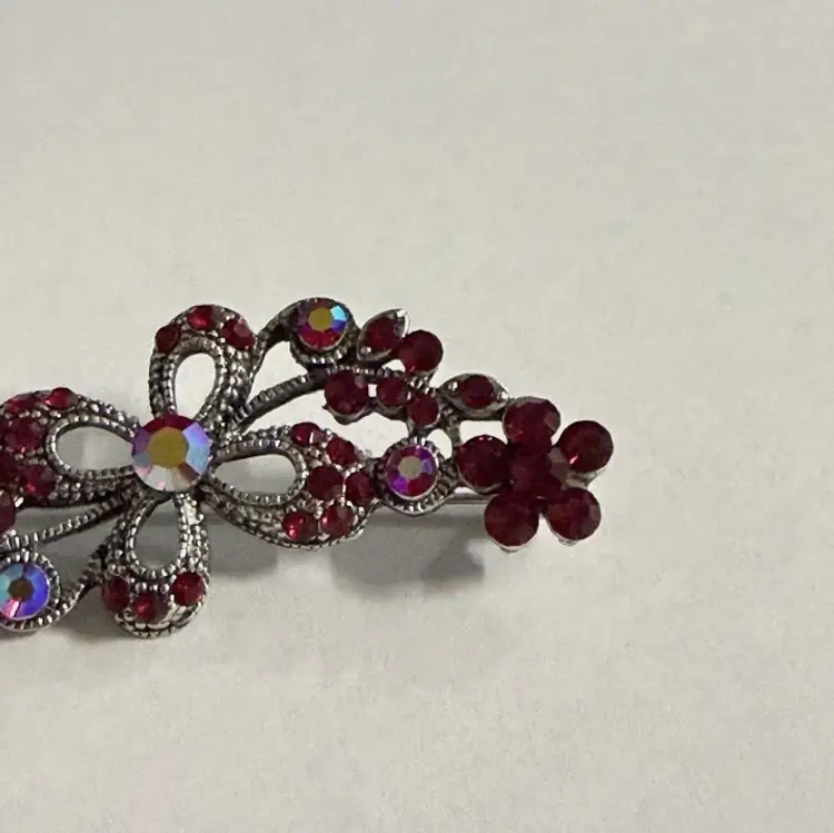 Vintage Rhinestone Floral Brooch Red AB Silver