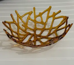 Fused Art Glass Coral Design Decorative Bowl Amber In Color 9.5 Inch Diameter