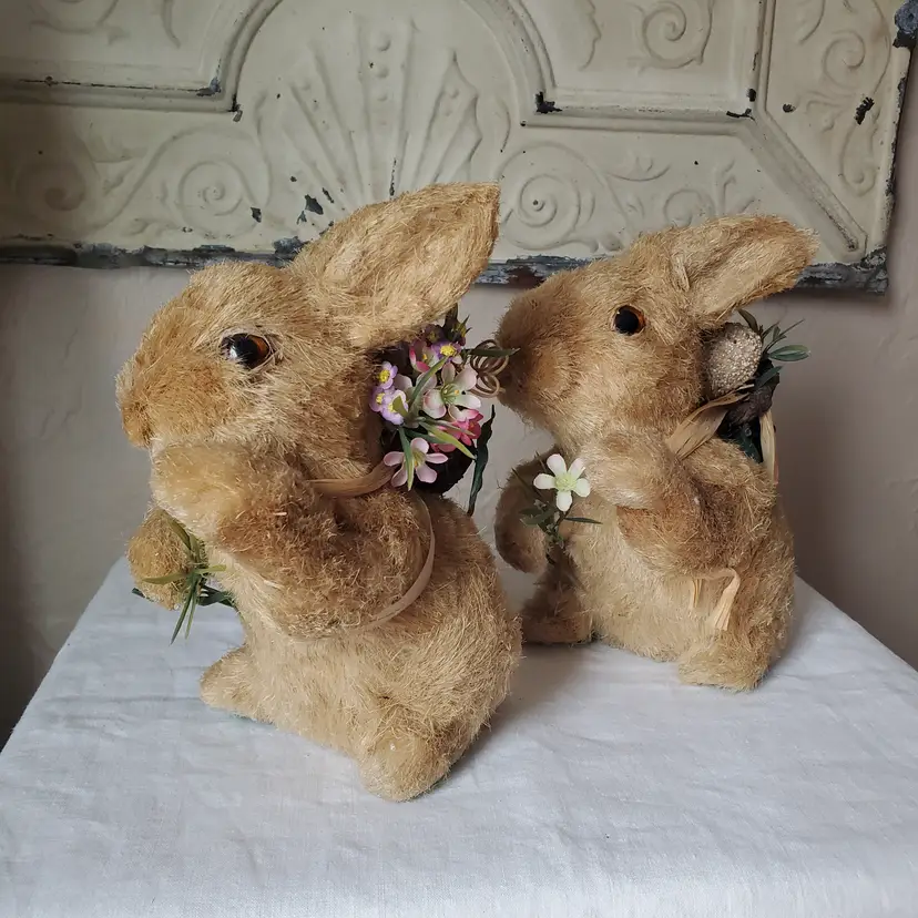 Set of 2 Sisal Bristle Brush Bunny Rabbit Figures