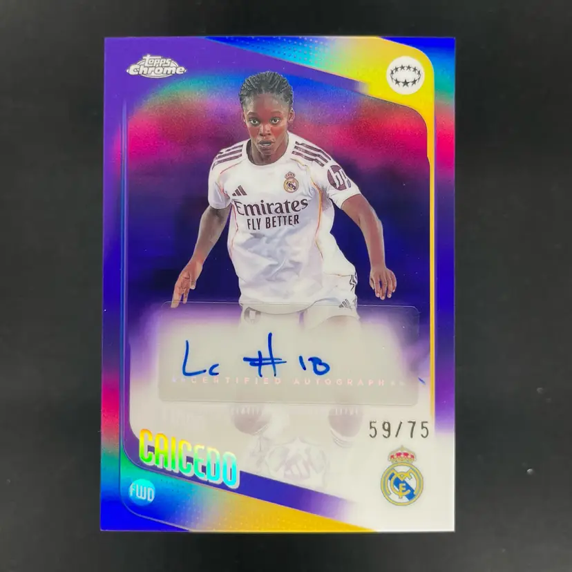 Linda Caicedo 2025/26 Topps Chrome UWCL Autograph Purple /75 Real Madrid Soccer Card