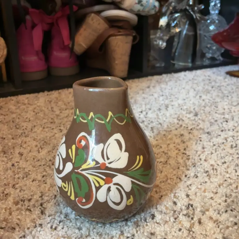 Brown Green Yellow White Floral Hungarian Pottery Vase