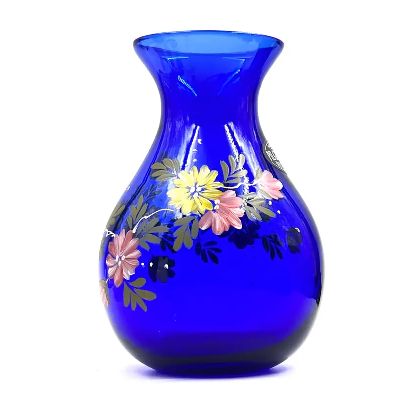 Blown Glass Vase Hand Painted Cobalt Blue By Pilgrim Glass USA