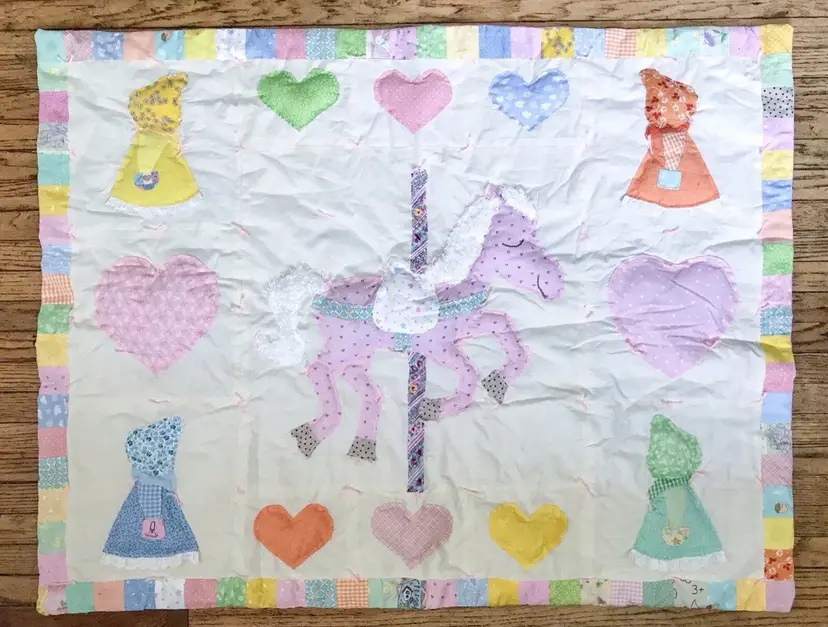 Vintage Handmade Carousel Horse Baby Quilt Patchwork Trim Whimsical Colorful Fun