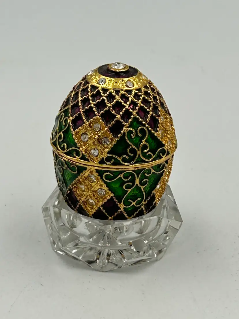 Enamel And Metal, Purple, Green, Gold, And Rhinestone Hinged Egg Trinket Box