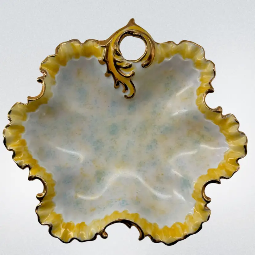 Serving Dish Trinket•Candy•Berry Bowl Hand Painted Muted Yellow & Light Blue Design Yellow Scalloped Edge Signed  1962
2” T x 8.5” L