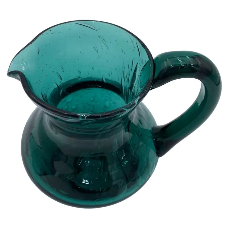 Deep Teal Bubble Art Glass Pitcher/Vase, Applied Handle, 6"
